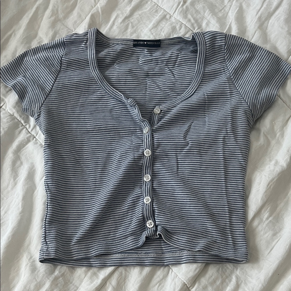 Brandy Melville Navy and White Striped Button-Up Crop Tee